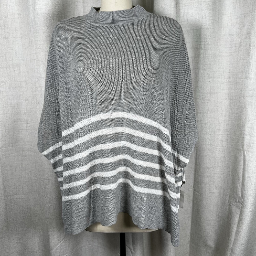 NEW!β J Crew Factory Poncho Sweater One Size Grey White Striped Wool Blend BO992